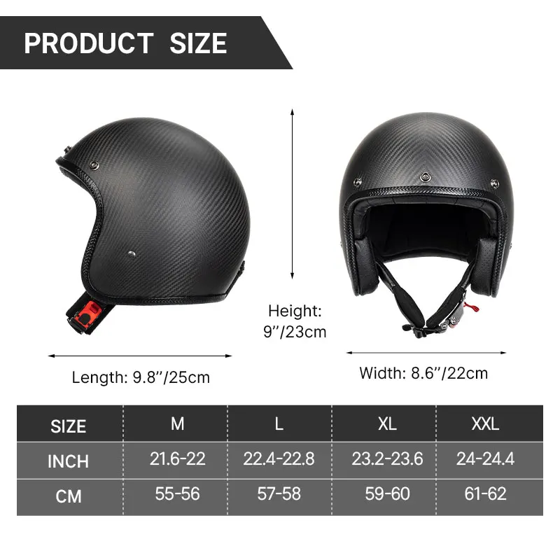 Super Lightweight Open Face Retro 3K Carbon Fiber Pattern Motorcycle Helmet Biker Pilot M-XXL Trendy Windproof Goggles M-XXL