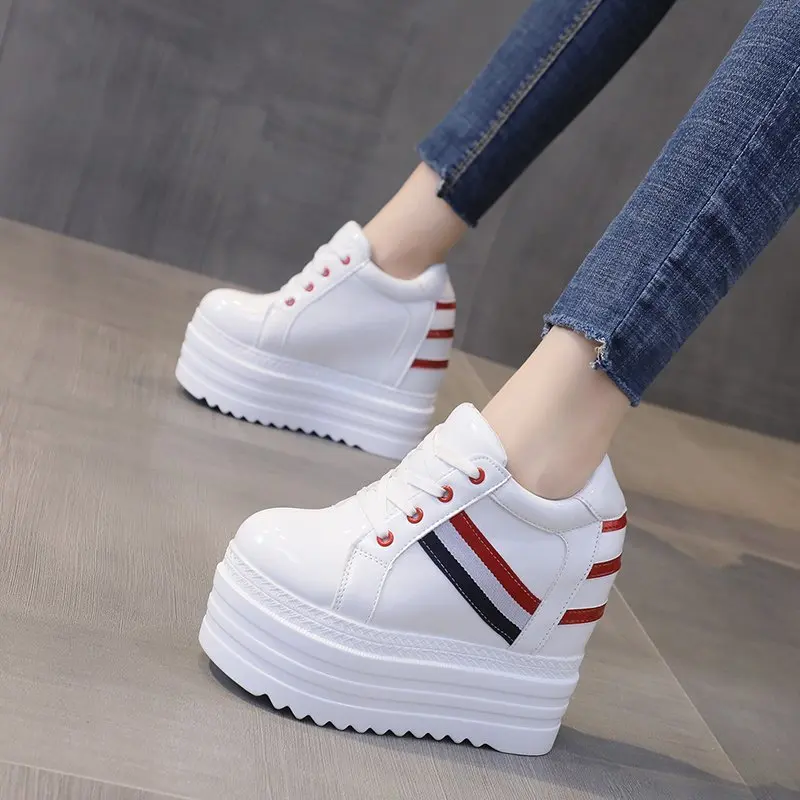 12CM Women Leather Platform Sneakers Spring White Shoes High Heels Wedge Outdoor Sport Shoes Breathable Round Toe Casual Shoes