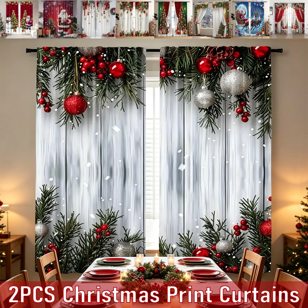 2PCS Christmas Window Curtains Red and White Ball Pine Leaves Design Polyester Rod Pocket Curtain Living Room Christmas Deco