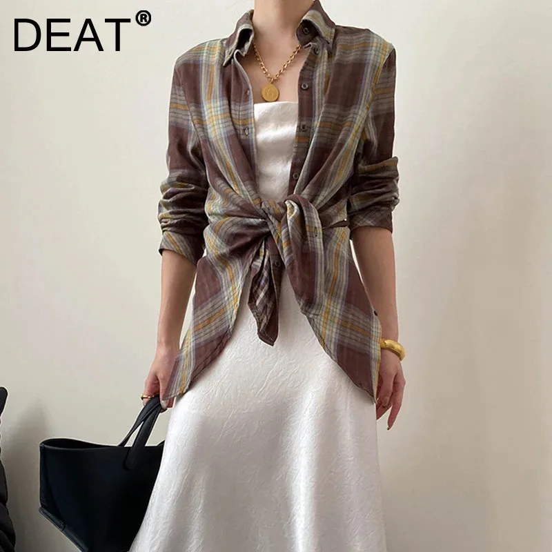 DEAT Fashion Multi Wear Style Double Door Placket Shirt Women's Lapel Loose Single Breasted Knot Plaid Blouse New CPG2625