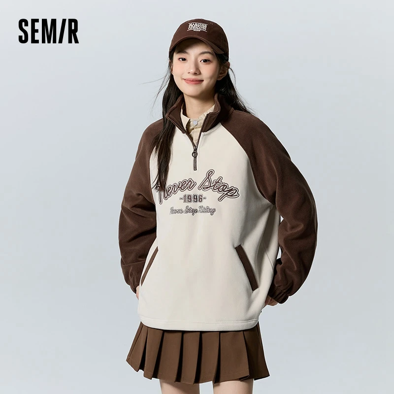 Semir Sweatshirt Women Mid-Length Polar Fleece Oversize Winter Contrasting Color Raglan Sleeve Stand Collar Embroidered Top