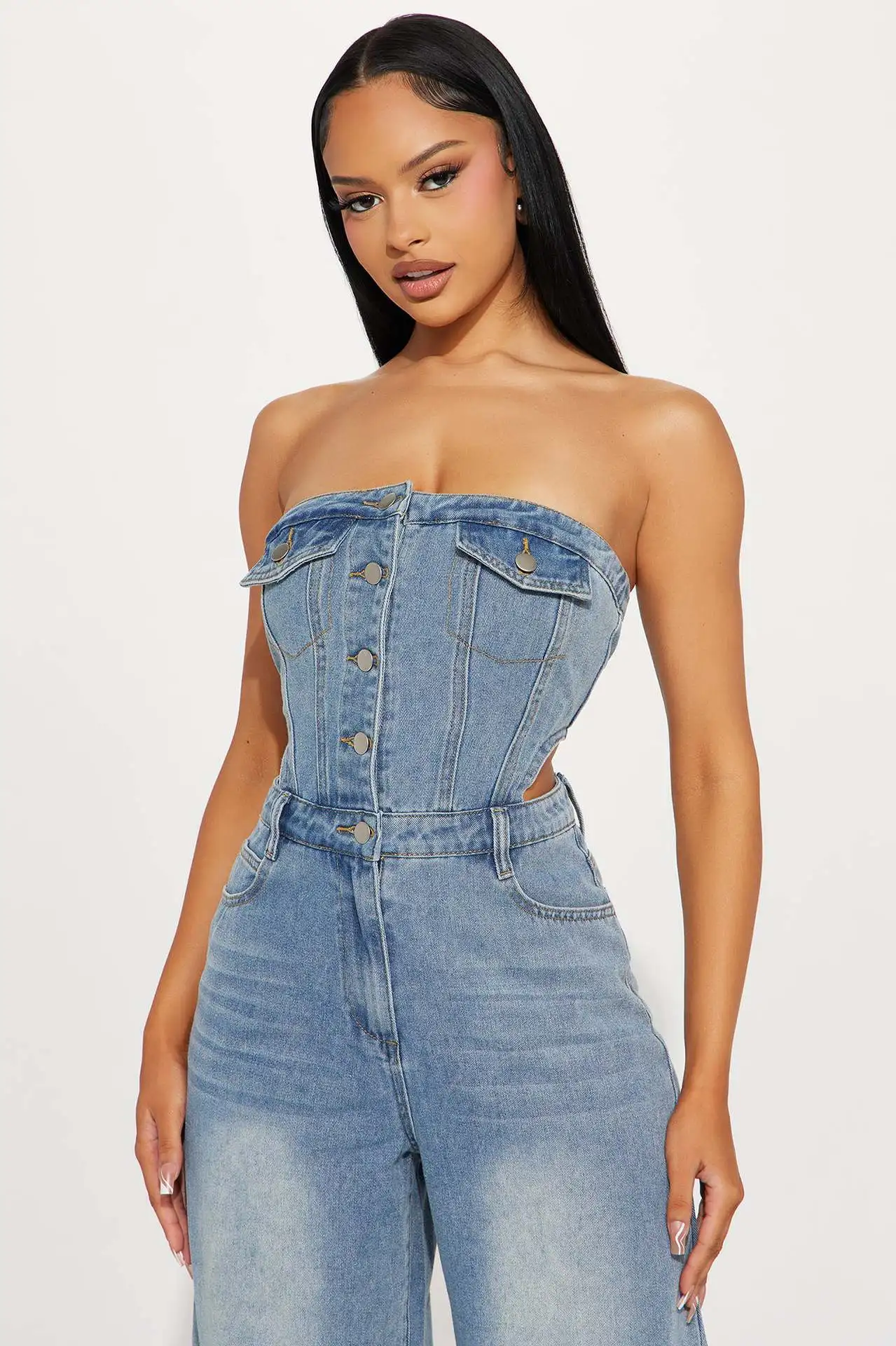 Women Jumpsuit Summer Sexy Sleeveless Strapless Hollow Out Elastic Denim Straight Jumpsuit Casual Lady Wide-Leg Jeans Jumpsuit