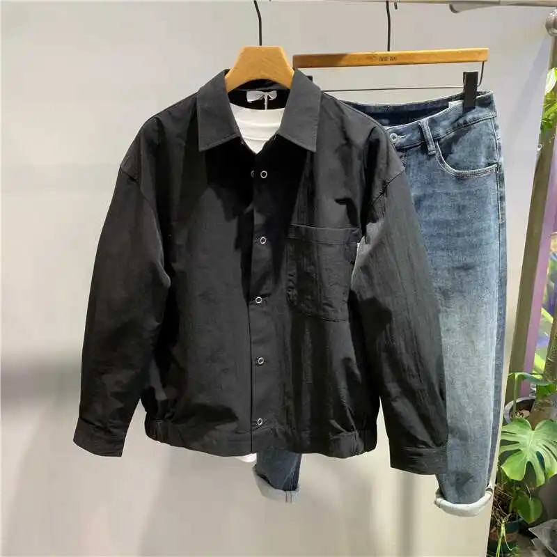 Men Korean Retro Cargo Shirt Jacket Spring Autumn Oversized Utility Jacket Casual Long Sleeve Workwear Shacket Fashion Outerwear