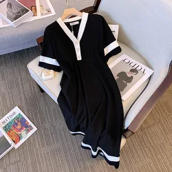 155Kg Plus Size Women's Bust 160 Summer Loose Ice Silk Knitted V-Neck Short Sleeve Dress Black 5XL 6XL 7XL 8XL 9XL 10XL