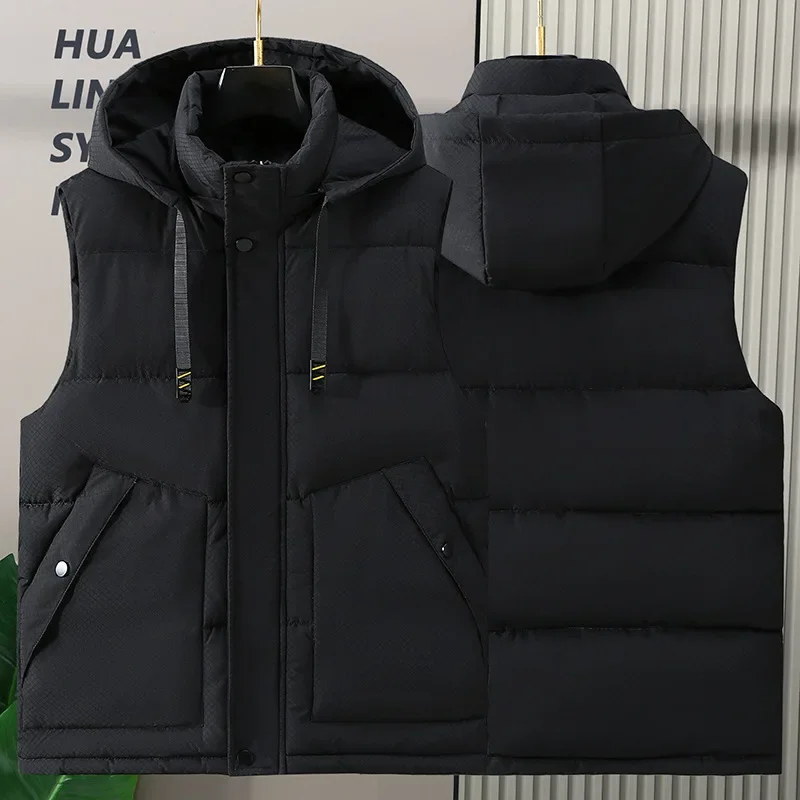 2024 New in Men\'s Padded Vest Spring Sleeveless Jacket Hooded Vest Padding Golf Cotton Coat Male Large Size 8XL Pocket Outerwear