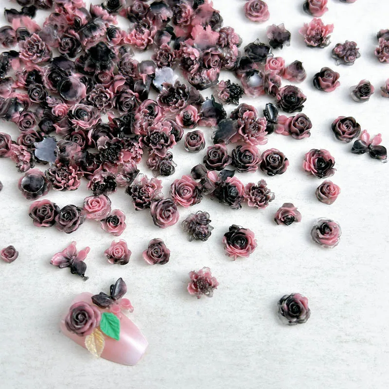 30PCS 3D Black PInk Flowers Nail Art Charms Accessories For Manicure Deco Luminous Reisn Rose Nails Decoration Supplies Material