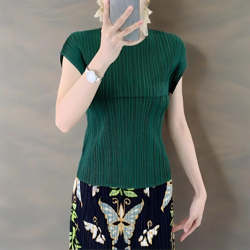 

Miyake Pleated T-shirt Female 2025 Summer New Solid Color Versatile Casual Round Neck Women's Slim Thin Pleated Short-sleeved