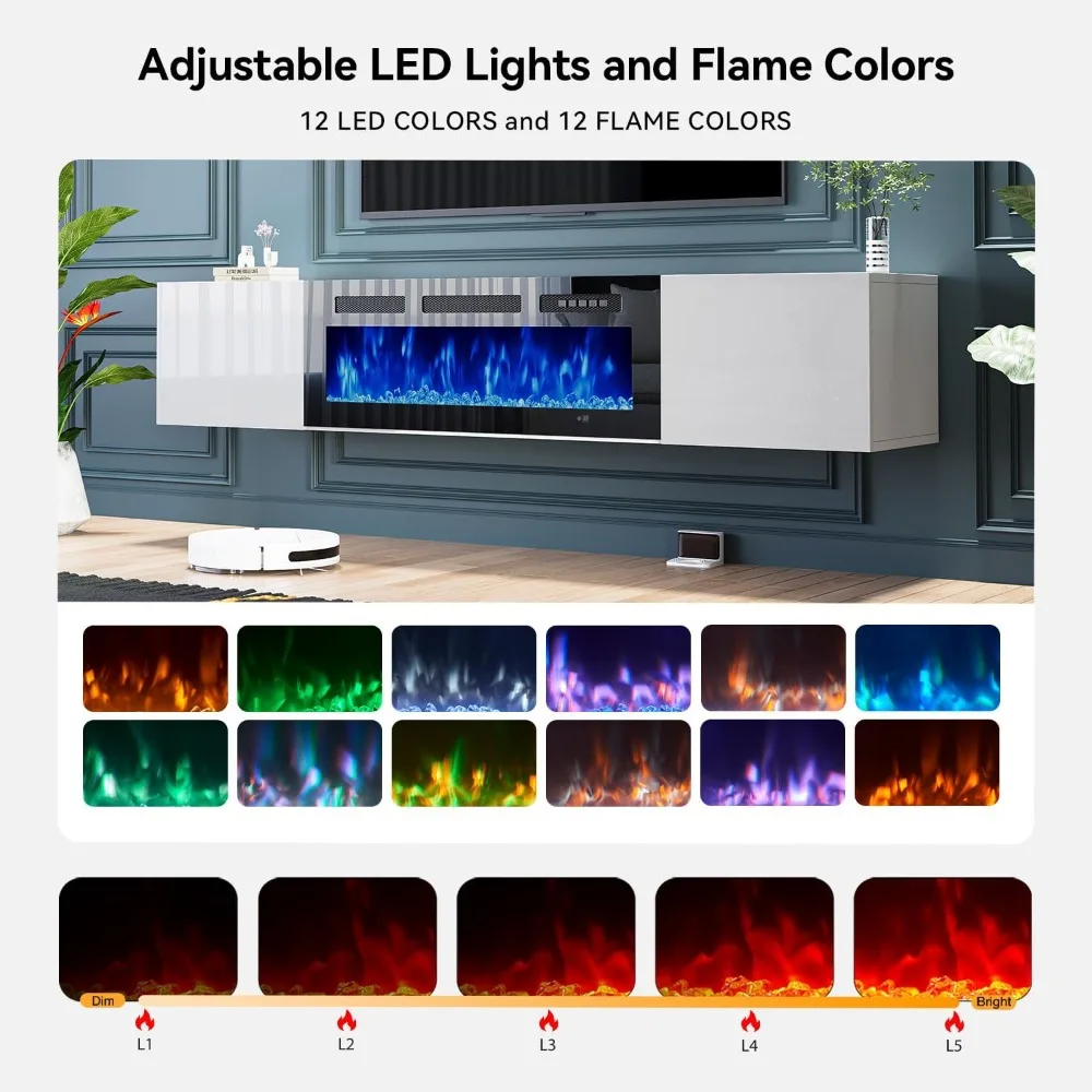 حامل تلفزيون عائم مقاس 70 بوصة مع مدفأة كهربائية مقاس 36 بوصة، مثبت على الحائط لمركز الترفيه، وحدة تحكم تلفزيون الوسائط الخشبية الحديثة مع مدفأة #6