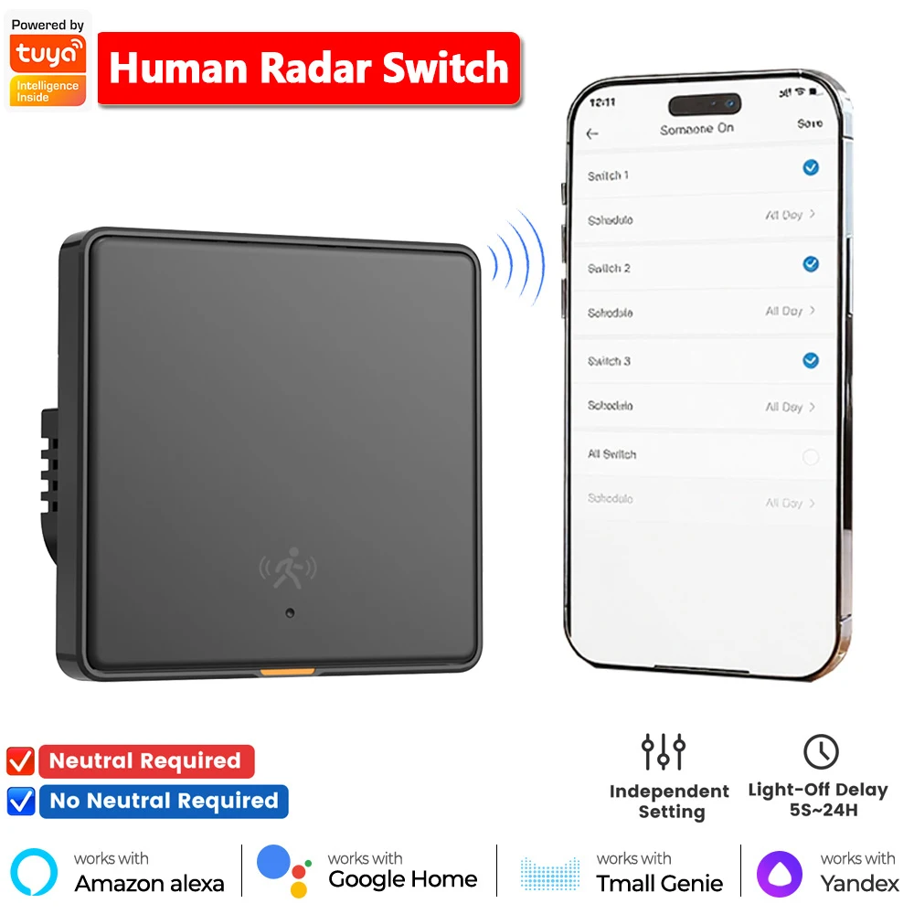 Tuya Wifi Human Radar Switch Motion Sensor Detection Smart Wall Light Switch Control via SmartLife Works with Alexa Google Home