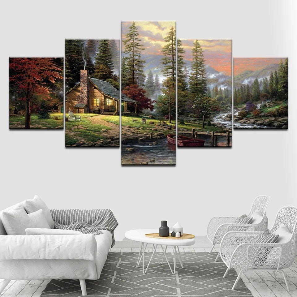 No Framed Mountain River Tree 5 piece Wall Art Canvas Print Posters Paintings Living Room Home Decor Pictures