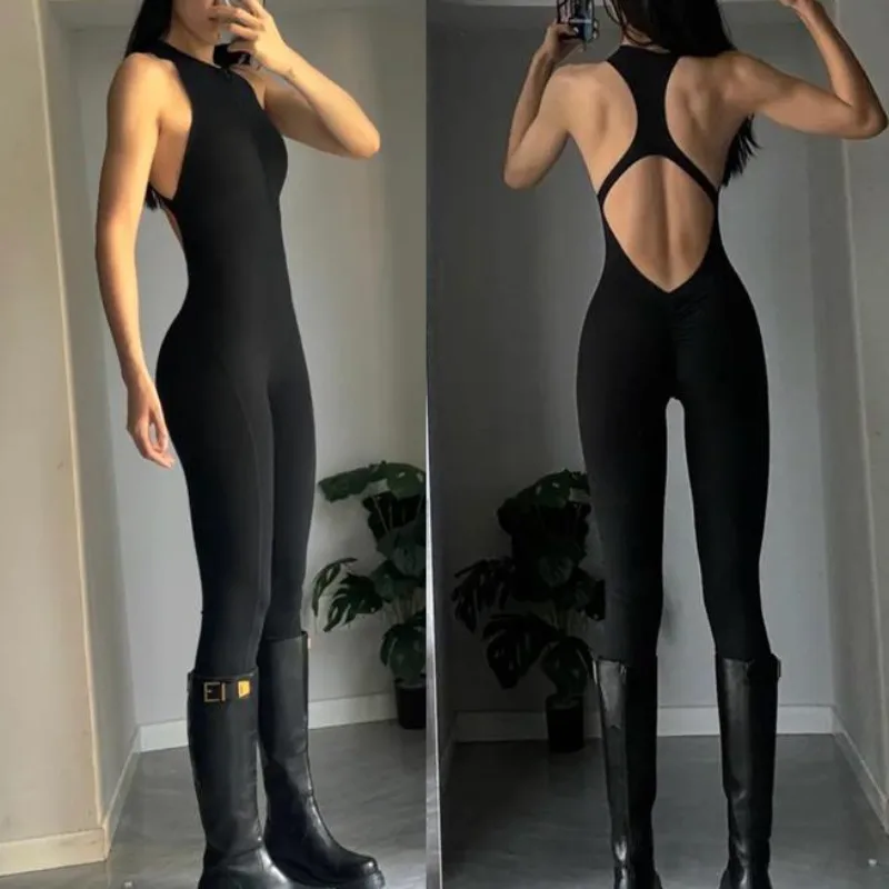 

Europe American Style Peach Hip Lifting Jumpsuits Women Yoga Zipper Hollow Back One-piece Sports Pants Sleeveless One Shoulder