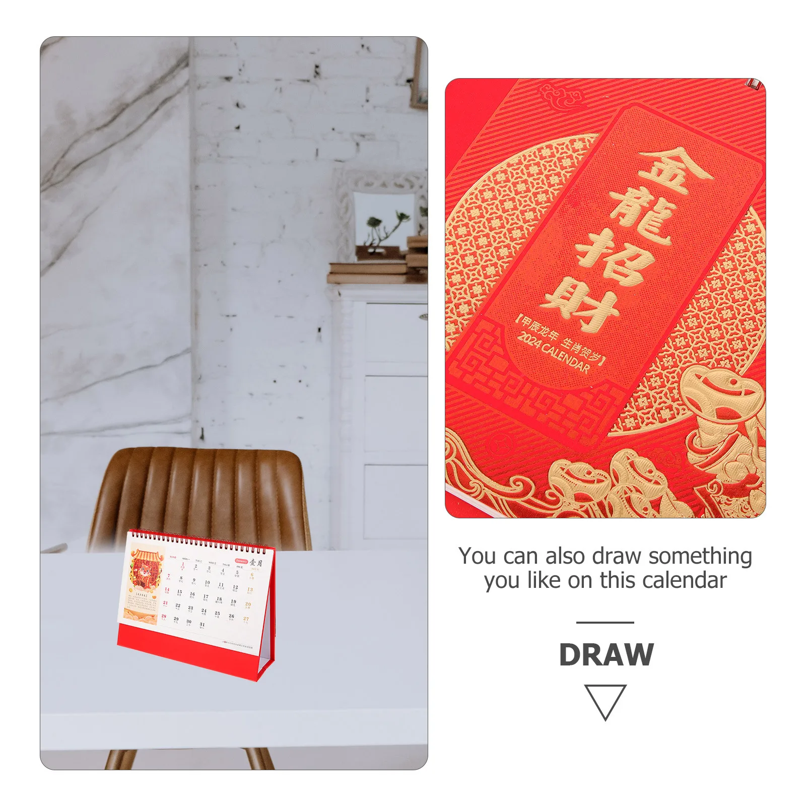 

Chinese Themed Desktop Calendar 2024 Functional Small Desk Calendar for Home Office Schedule Organizer Birthday Holiday Tracker