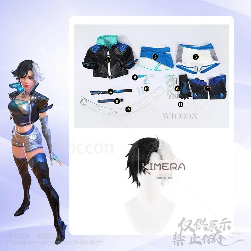 

a7d@Luna Snow Anime Cosplay Ice Queen Hot New Game Rival Superhero Costume Blue Jacket Coat Sexy Dress Black White Wigs Customi