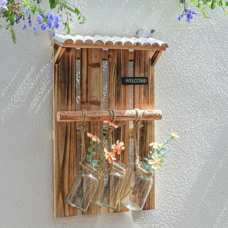 Solid wood wall hanging home wall hanging vase ins glass bottle hydroponic green plant pendant garden outdoor courtyard