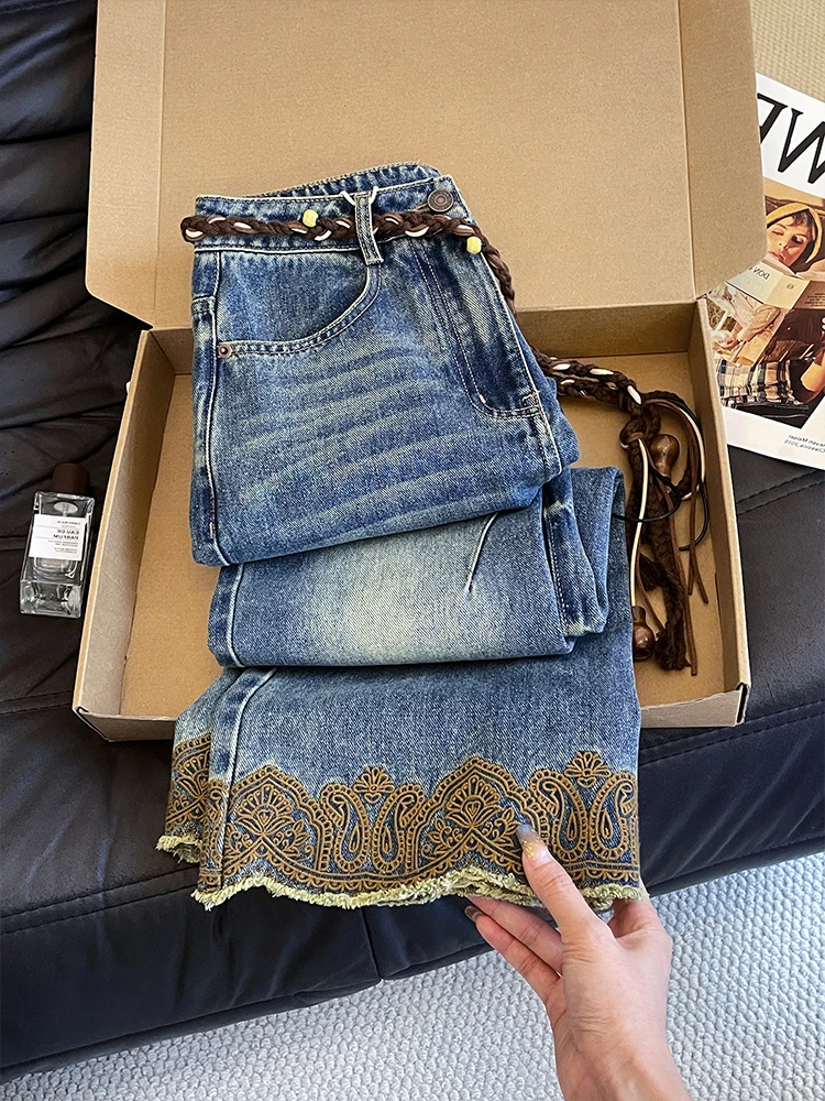 Retro Waed Embroidered Denim Jeans Loose Wide Leg Pants Women's Casual Comfortable Slimming High Waist Jeans Blue