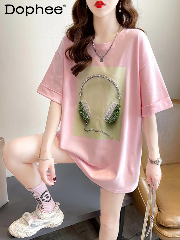 Cotton T-shirt Women's Short-Sleeved Tops 2024 Summer Korean Style Loose Rhinestone Headset Loose Half-Sleeve Top Female