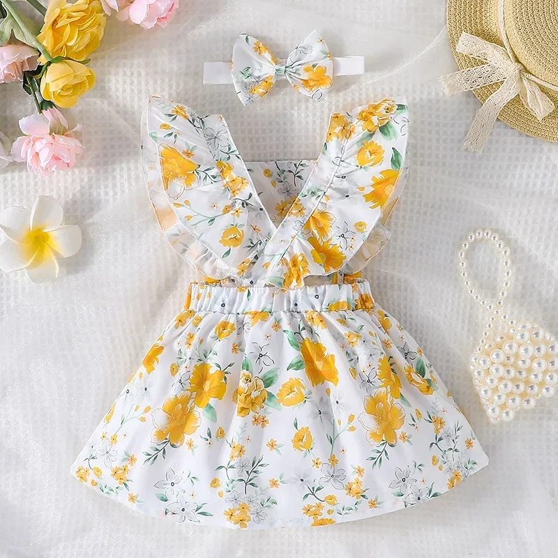 Dress For Kids Newborn 3 - 24 Months Birthday Butterfly Sleeve Cute Yellow Floral Princess Formal Dresses Ootd For Baby Girl