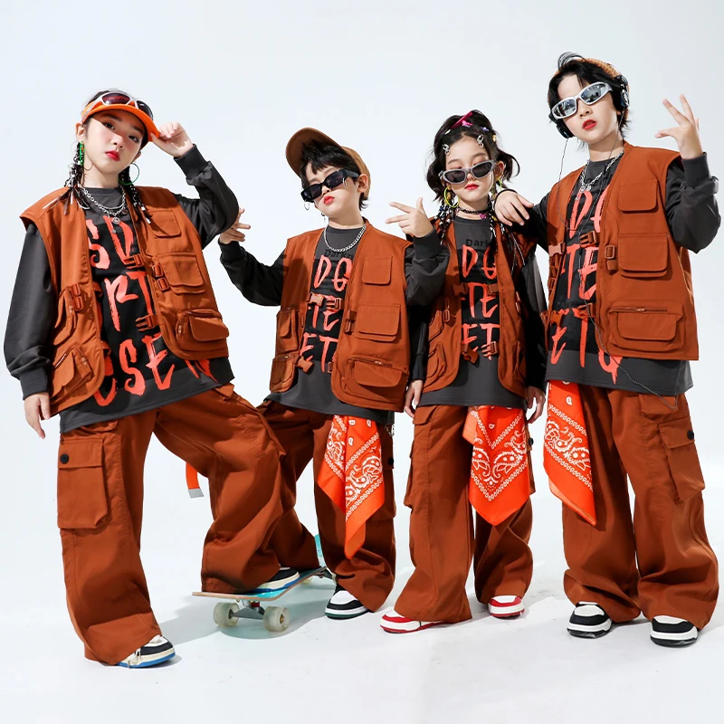Jazz Dance Stage เครื่องแต่งกายเด็กเสื้อผ้าเสื้อ Hip Hop สีน้ําตาล Shuffle กางเกง Cool Streetwear ชายหญิง Street Dance เสื้อผ้า 1419
