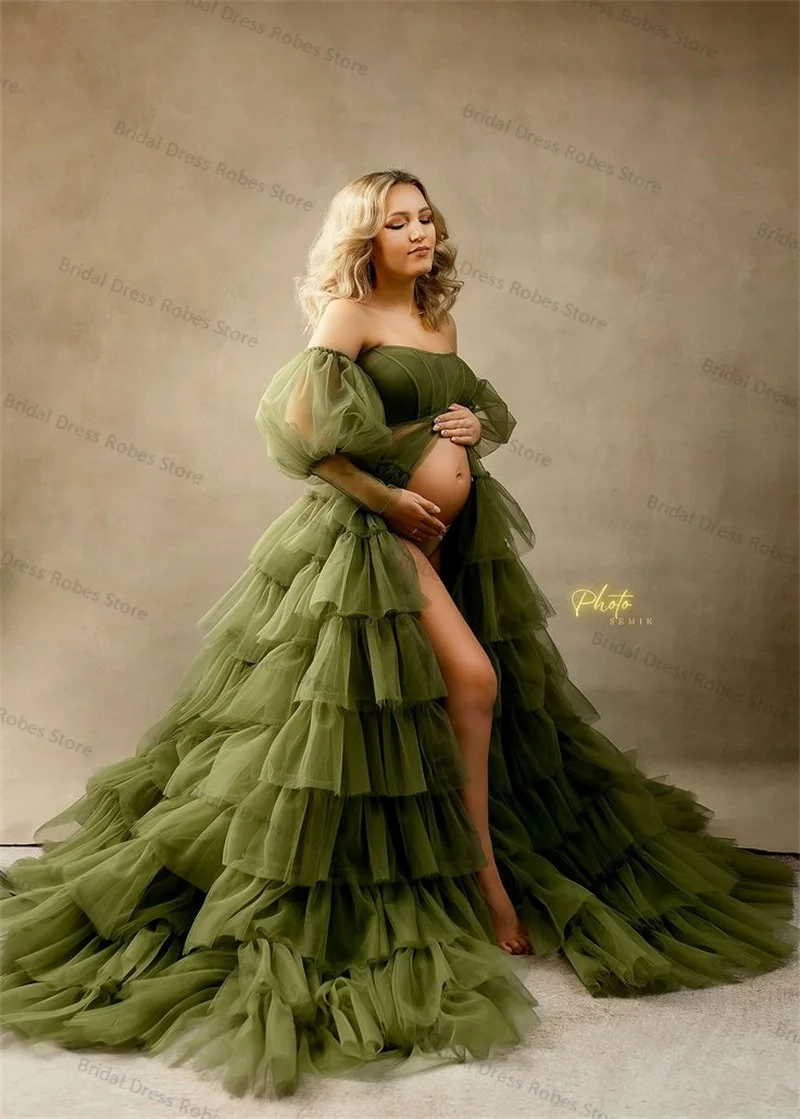 Green Women Maternity Dress for Photo Shoot Tiered Tulle Sexy Sweetheart Bridal Robe Wedding Pregnant Prom Skirt Customized