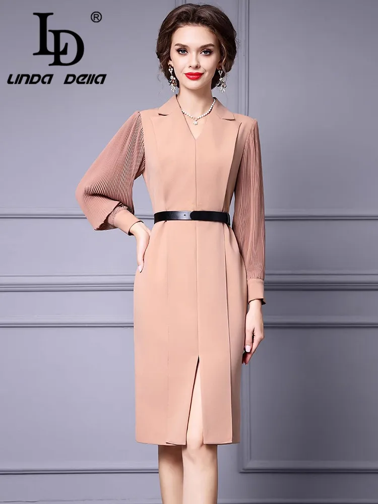 LD LINDA DELLA Autumn Winter Women's New Style Commuter Dress V-Neck Lantern Sleeved Slim-Fit Hip Wrap Lace-UP Straight Dresses