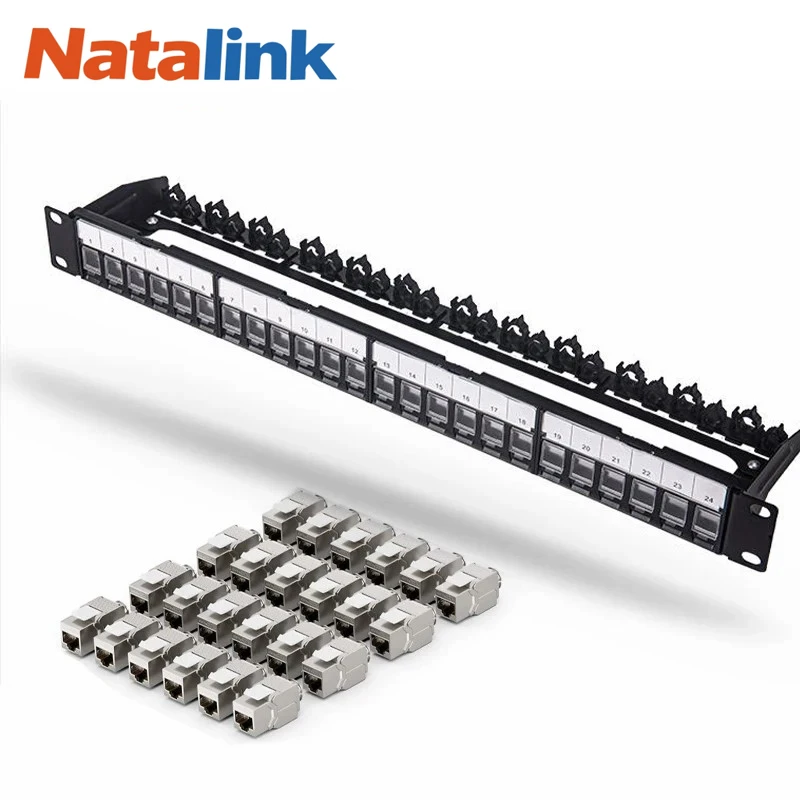 Natalink Panel de conexión RJ45 blindado de 24 puertos para montaje en rack o en pared con obturador Jack para conectores Keystone/acoplador Keystone