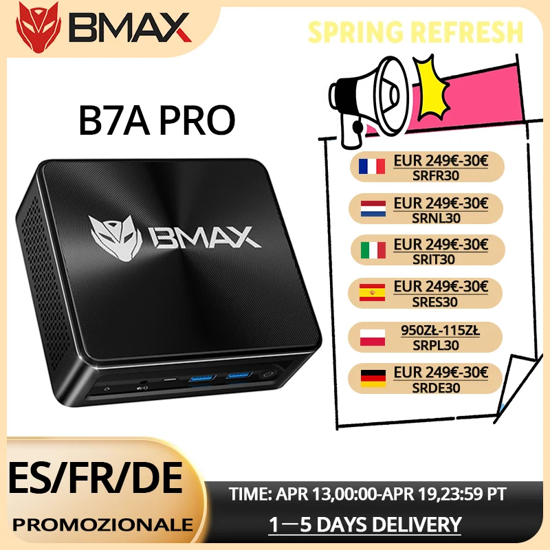 BMAX B7A Pro Mini-PC: AMD Ryzen 5 7430U, Radeon-Grafik, 16GB RAM, 512GB SSD, Windows 11, USB, HDMI, Type-C
