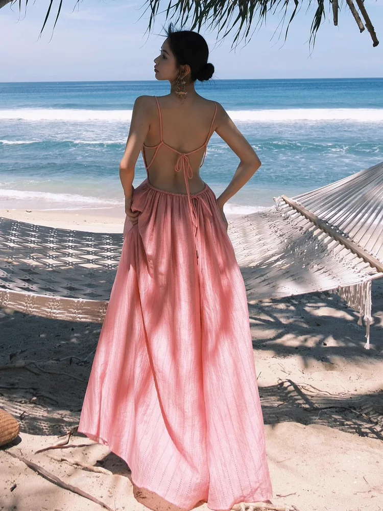 French sle Sexy Backless Seaside Vacation Sling Dress Fairy Summer  Design Sense Sanya Beach Skirts