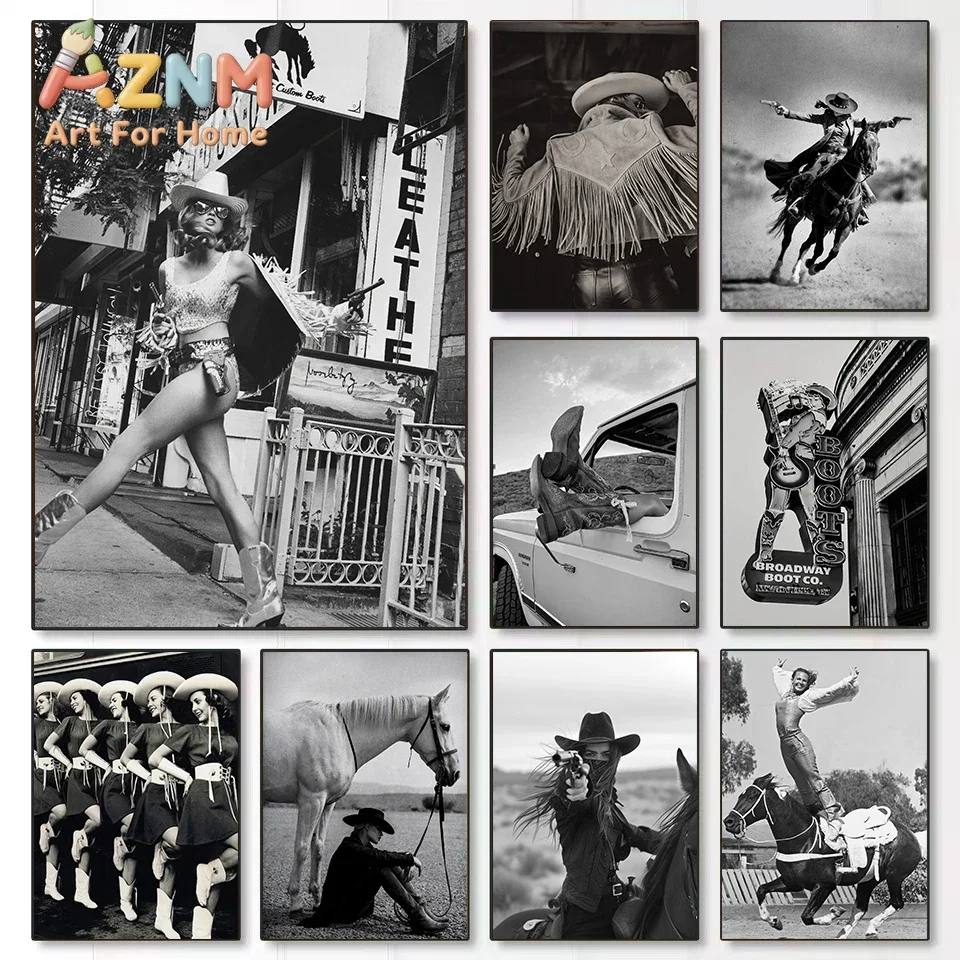 Vintage Black and White Wild West Fashion CowGirl Horse Equestrian Photography Poster Canvas Painting Wall Pictures Home Deco