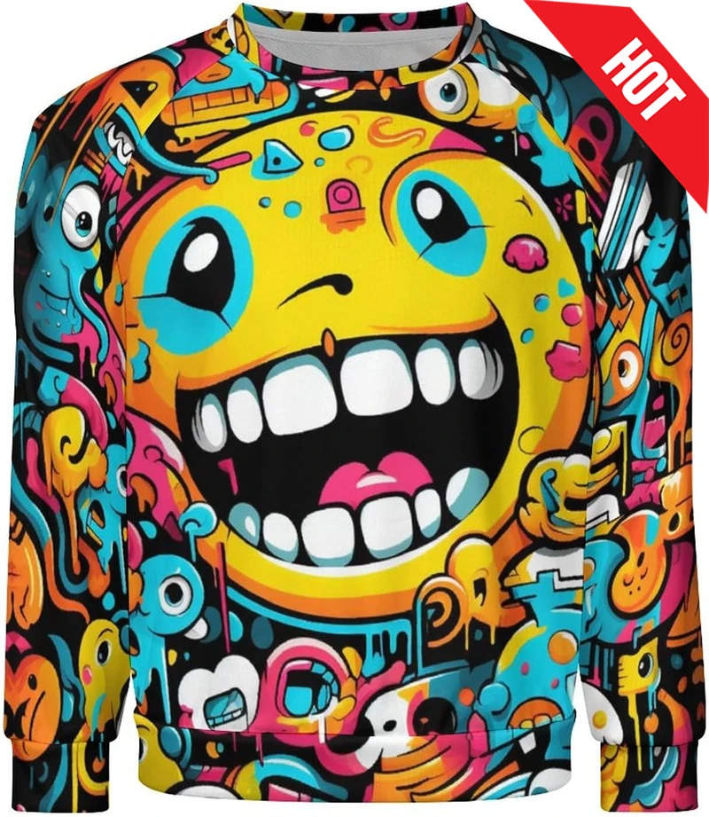 Funny Graffiti Face Men's Sweatshirt 3D Scrawl Graphic Casual Sweater Spring Oversized Clothing  Long Sleeve Pullovers Kids Tops