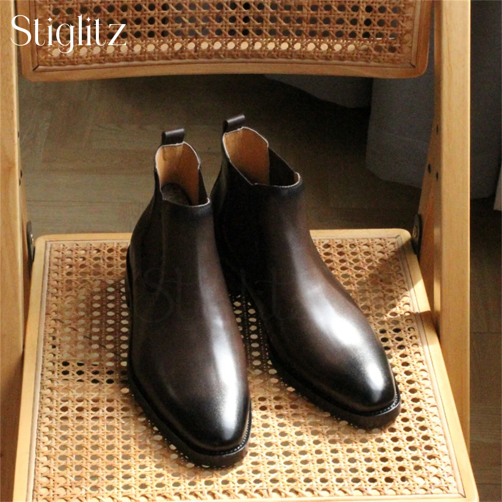 Brown Polished Men's Boots Genuine Leather Chelsea Boots Almond Toe Slip on Boots Fashion Style Elastic Booties Handmade Shoes