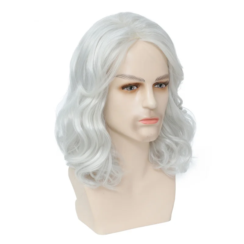 Men's , medium-length wavy synthetic hairpiece, middle-parted silver wig