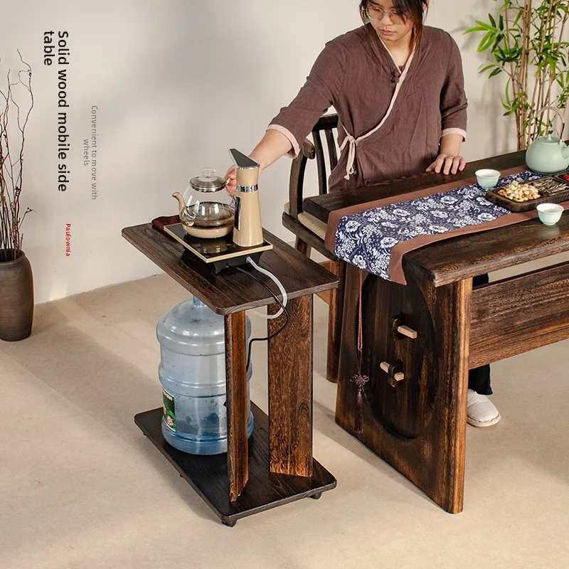 Solid Wood C-Side Tables Mobile Bedside Table with Wheels Sofa End Table for Living Room