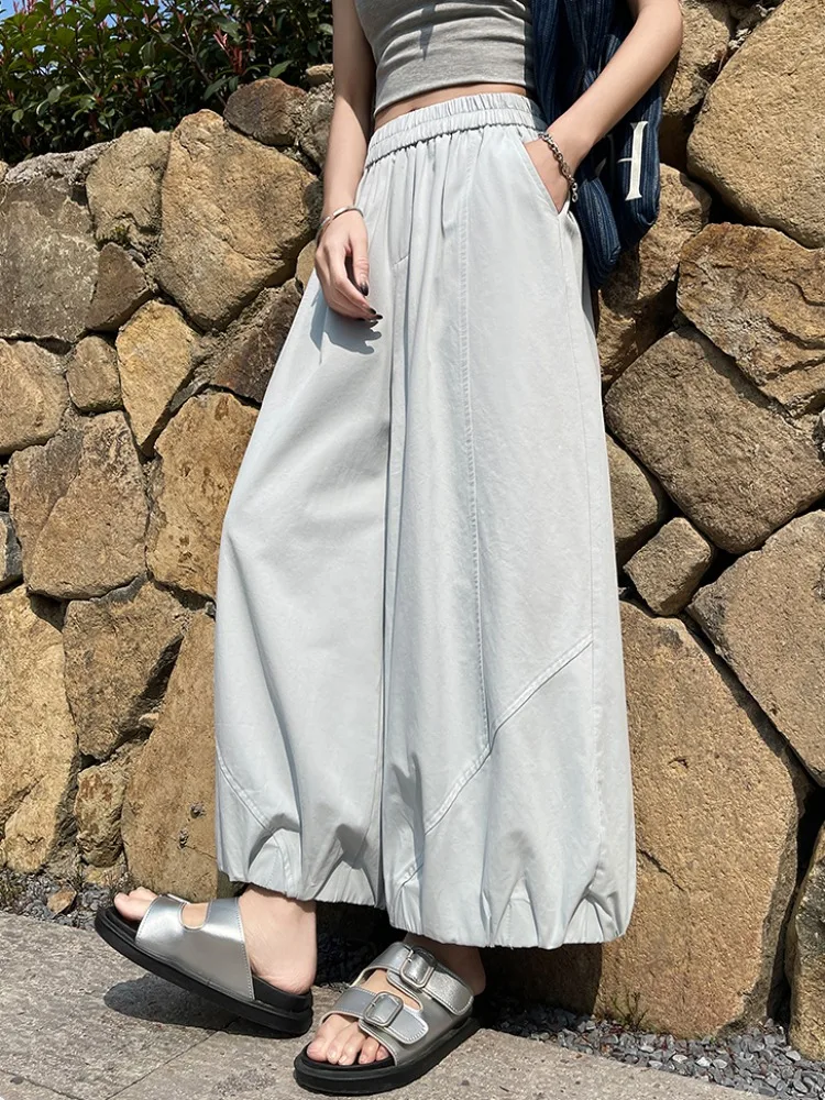 

Светло-голубые женские брюки-харлан с высокой талией, из хлопка, с пэчворком, летние, новая модель, широкие штанины, фасон «фонарик», повседневные брюки