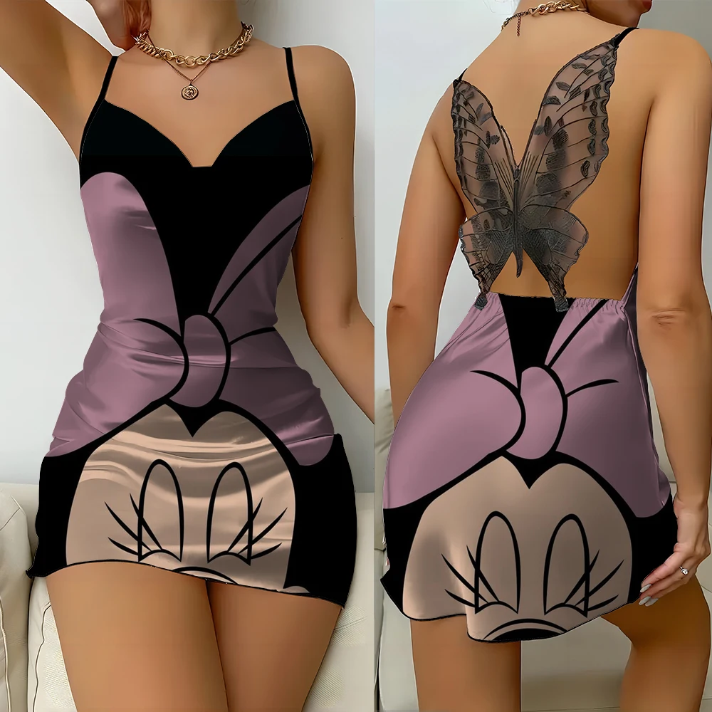 Mickey Mouse Disney baju tidur seksi nyaman anak perempuan, gaun suspender renda kupu-kupu trendi gaya baru