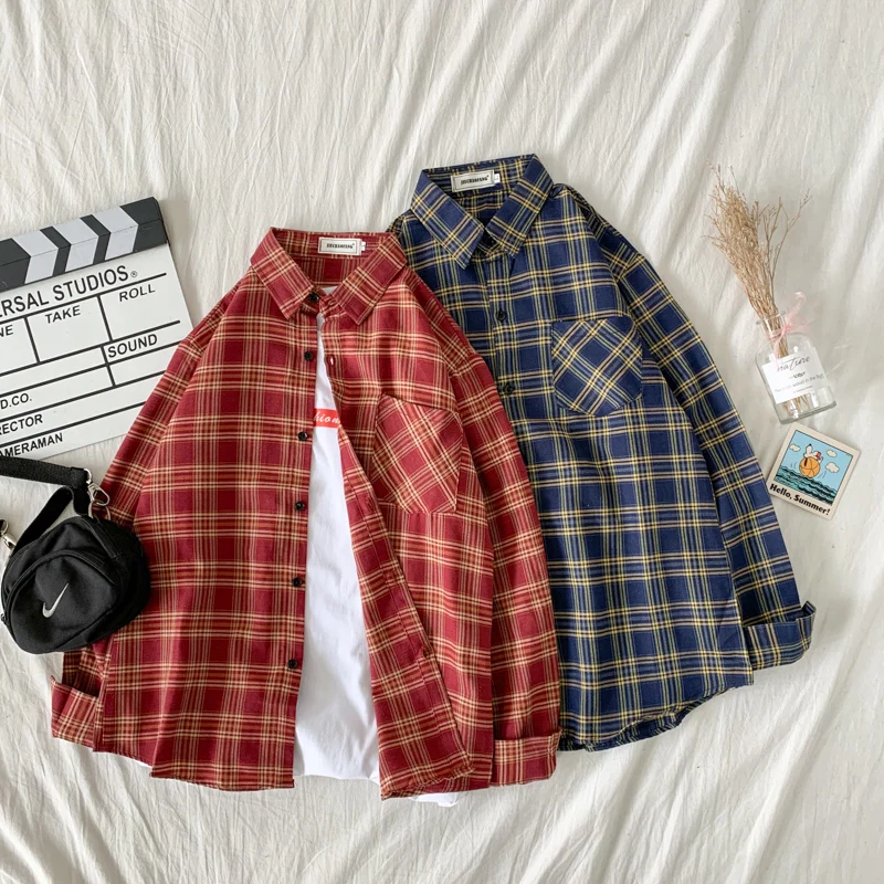 Tawaaiw American Retro Cotton Plaid Shirt Women Spring Tops Long Sleeve Korean Fashion Loose Button Up Blouse Chic Blousa Y2k