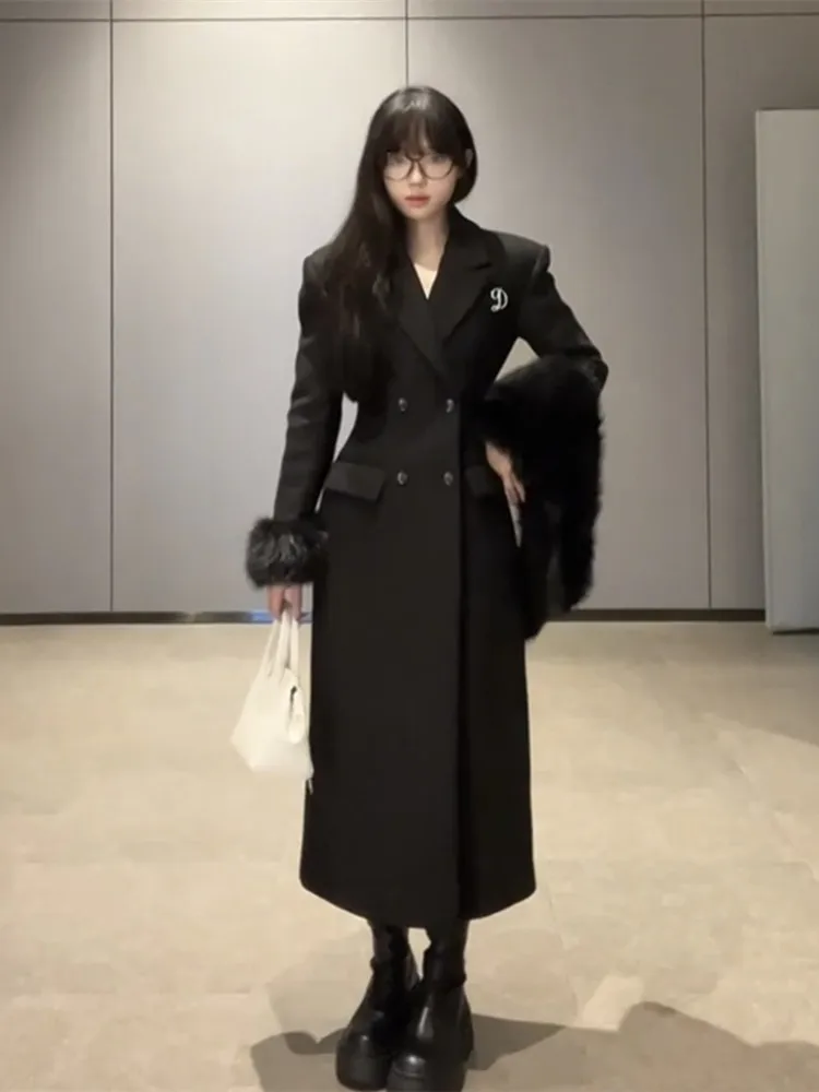 Ele longo casaco de lã para mulher com gola de pele fino ajuste coreano sle commute inverno outerwear na altura do joelho único botão