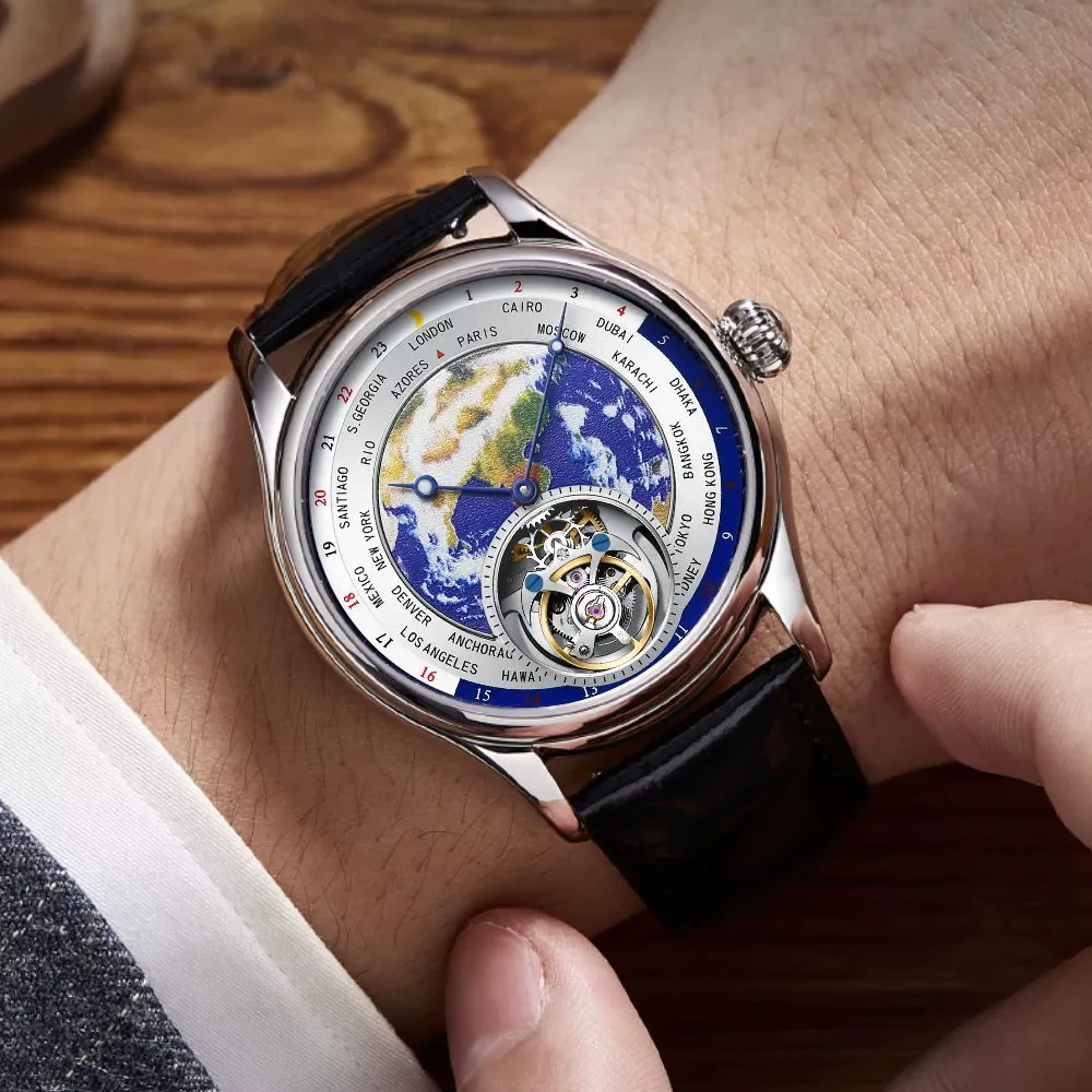 Aesop 2025 new top brand earth world map manual luminous waterproof mechanical tourbillon watch