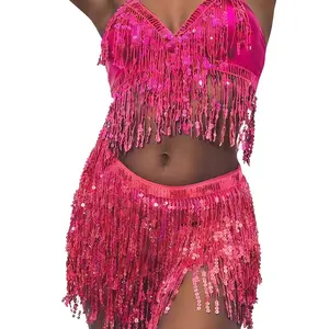 Conjunto de cinto de sutiã para dança do ventre, conjunto de lantejoulas latinas, saia quadril, sexy, fantasia de festa, 4 camadas, borla, performance de palco, pano 8 principais vendas soutien dança do ventre - №5