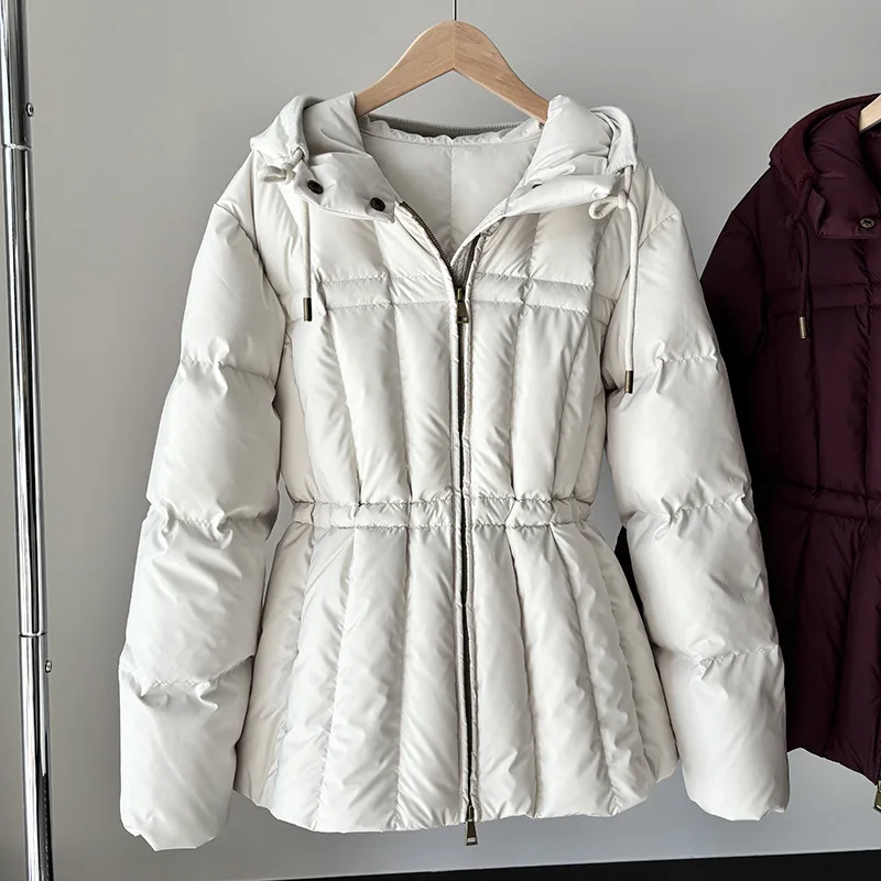 

Winter New Women's Down Jacket Slim Fit Striped 90 White Duck Down Hooded Jacket