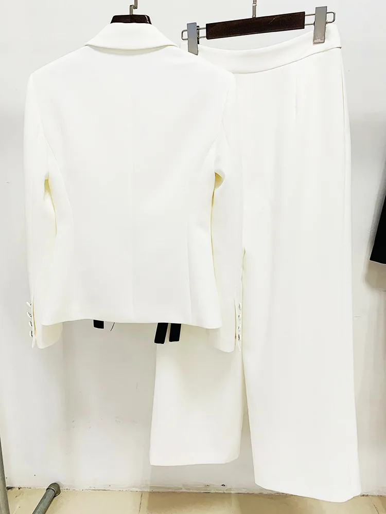 Retro Elegant Women Suit Luxurious Bowknot Ribbon Blazer And Wide Leg Pants Matching Sets For Formal Prom Wedding Guests