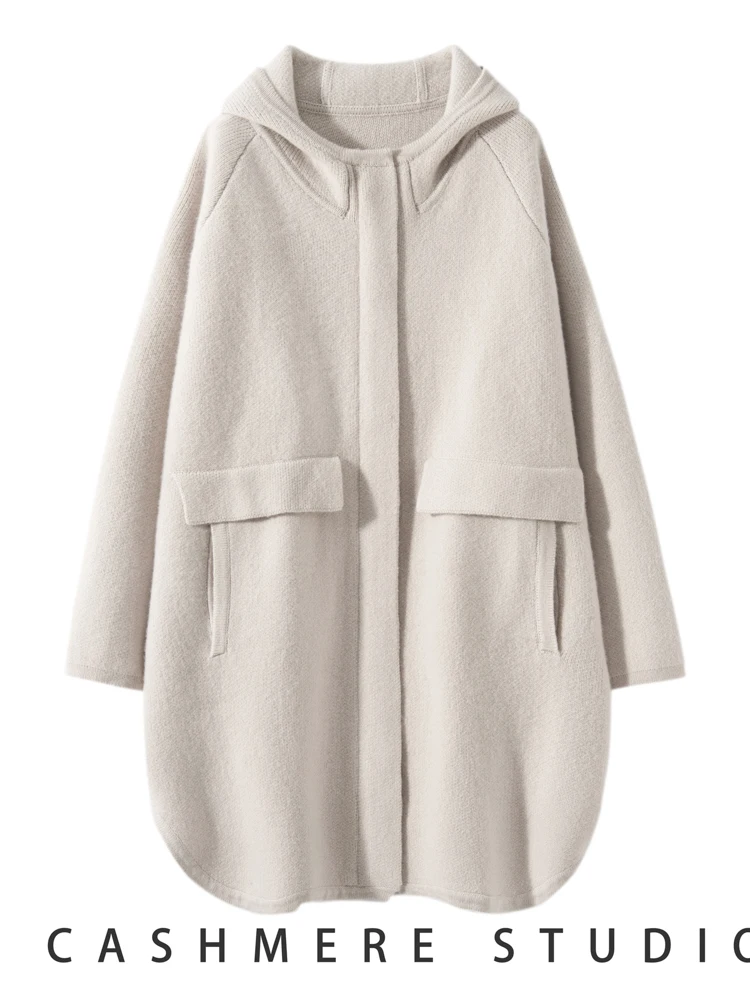 

Женский кардиган с капюшоном, пальто, осень-зима, толстый 100% кашемировый свитер, повседневная свободная стильная длинная одежда, трикотажные пальто