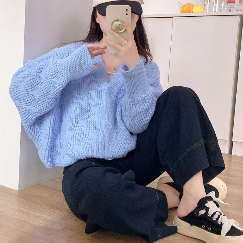 Rimocy Korean Fashion Cropped Cardigans Women Sweet Candy Colors V Neck Cardigan Coats Woman Long Sleeve Knitted Sweater Coat