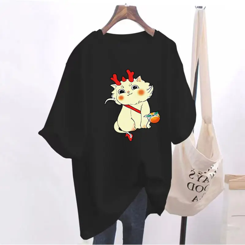 Women's Cotton Loose T-shirt 2024 Summer New Age Reducing Short Sleeve Cartoon Fashion Tops Lady Large Basic O-Neck Casual Tees