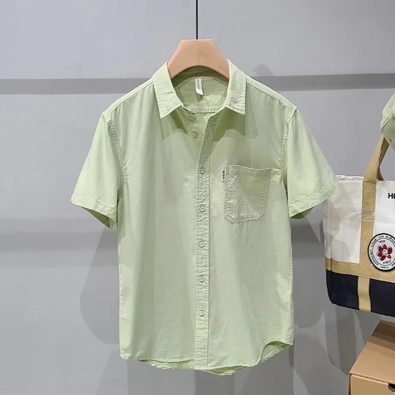 

Retro Japanese Style Pure Color Pocket Shirt Men's Short Sleeve Loose Casual Half Sleeve Summer New Arrival Premium Feeling