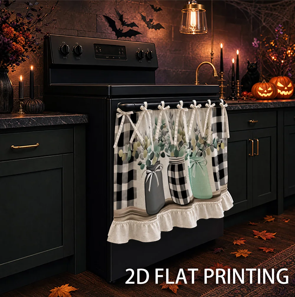 1PC kitchen stove curtain, cabinet curtain and apron. Designed with 2D graphics and printed with vases and black and white check