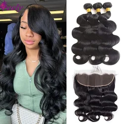 Human Hair Bundles With Closure 13x4 Lace Frontal Body Wave Bundles With Closure Brazilian 100% Real Hair Natural Black Color 1B
