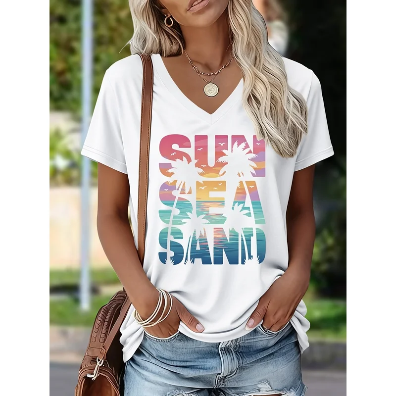 Women's V-neck T-shirt/SUN SEA SAND Lettering/Palm Tree Print/1pc Elegant Party Colored Short-sleeve 42214