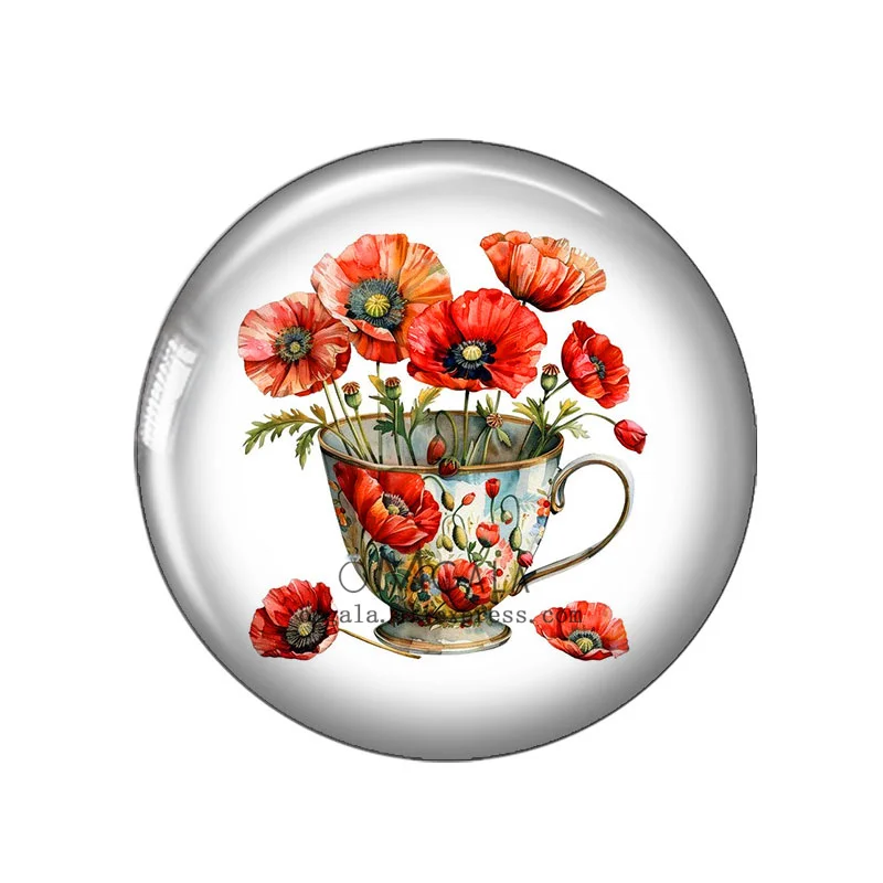 New Watercolor Red Poppy Flower Art Painting 12mm/18mm/20mm/25mm Round photo glass cabochon demo flat back Making findings