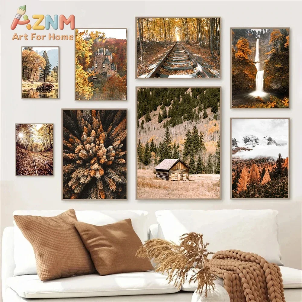 AZNM Autumn Forest Canvas Wall Art Fall Castle Waterfall Railway Cabin Mountain Scenery Unframed Canvas Print Nature Living Room