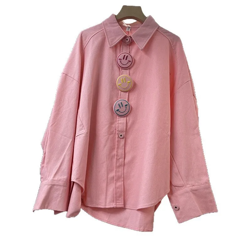 

New Sweet Simple Versatile Loose Fit Smiling Face Button Ins Style Minimalist Clean Version Shirt Top
